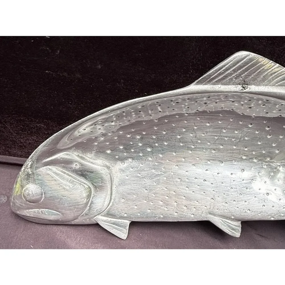 Vintage Cast Aluminum Silver Rainbow Trout Fish Shaped Serving Bowl Platter 21